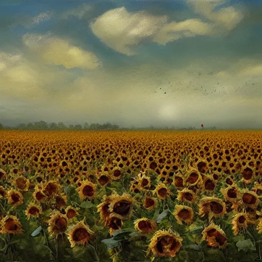 Prompt: a stunning and moody painting of many dead uniformed russian soldiers lying in blood in a field of sunflowers as painted by otto dix, artstation, concept art, impressionism, hyperdetailed