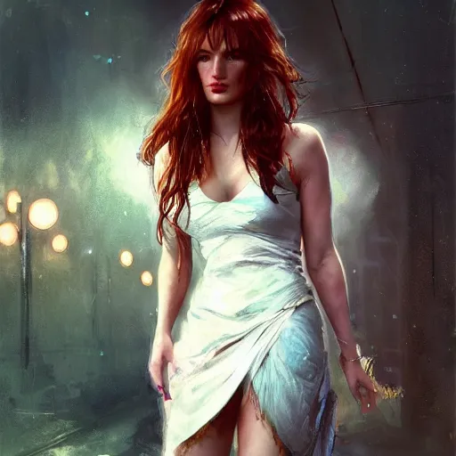 Image similar to bella thorne wearing nightgown, hyperrealistic full figure, bladerunner street alley, art of elysium by frank frazetta and by jeremy mann and by alphonse mucha, fantasy art, photo realistic, dynamic lighting, artstation, full figure poster, volumetric lighting, very detailed face, 4 k, award winning