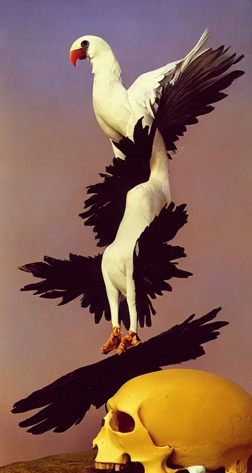 Prompt: photographic masterpiece of an albino raven standing on a golden skull with mexican pattens, annie leibovitz, frederic leighton, roger dean