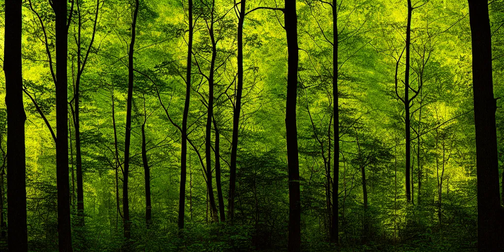 Prompt: lush american broadleaf deciduous forest, against light, glare, bright details, contrasting, daylight, highly detailed, by dieter rams 1 9 9 0, national geographic magazine, reportage photo, natural colors