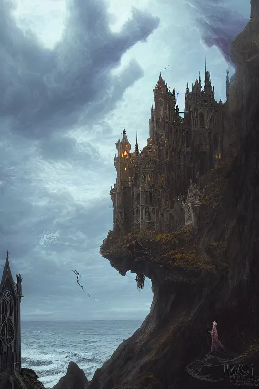 Prompt: a hyperdetailed matte painting of a goth vampire sorceress floating in front of a tower, crackling lighting magic, overlooking cliffs and crashing waves in the background, highly detailed, deep focus, elegant, digital painting, sharp focus, ultra realistic, 8 k, art by greg rutkowski and rembrandt and alphonse mucha, ultrawide lens