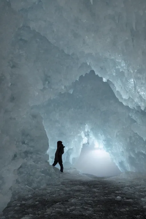 Image similar to brocken spectre, lost in the void, ice cave