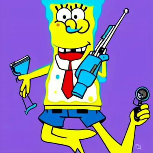 Prompt: spongebob has an assault rifle