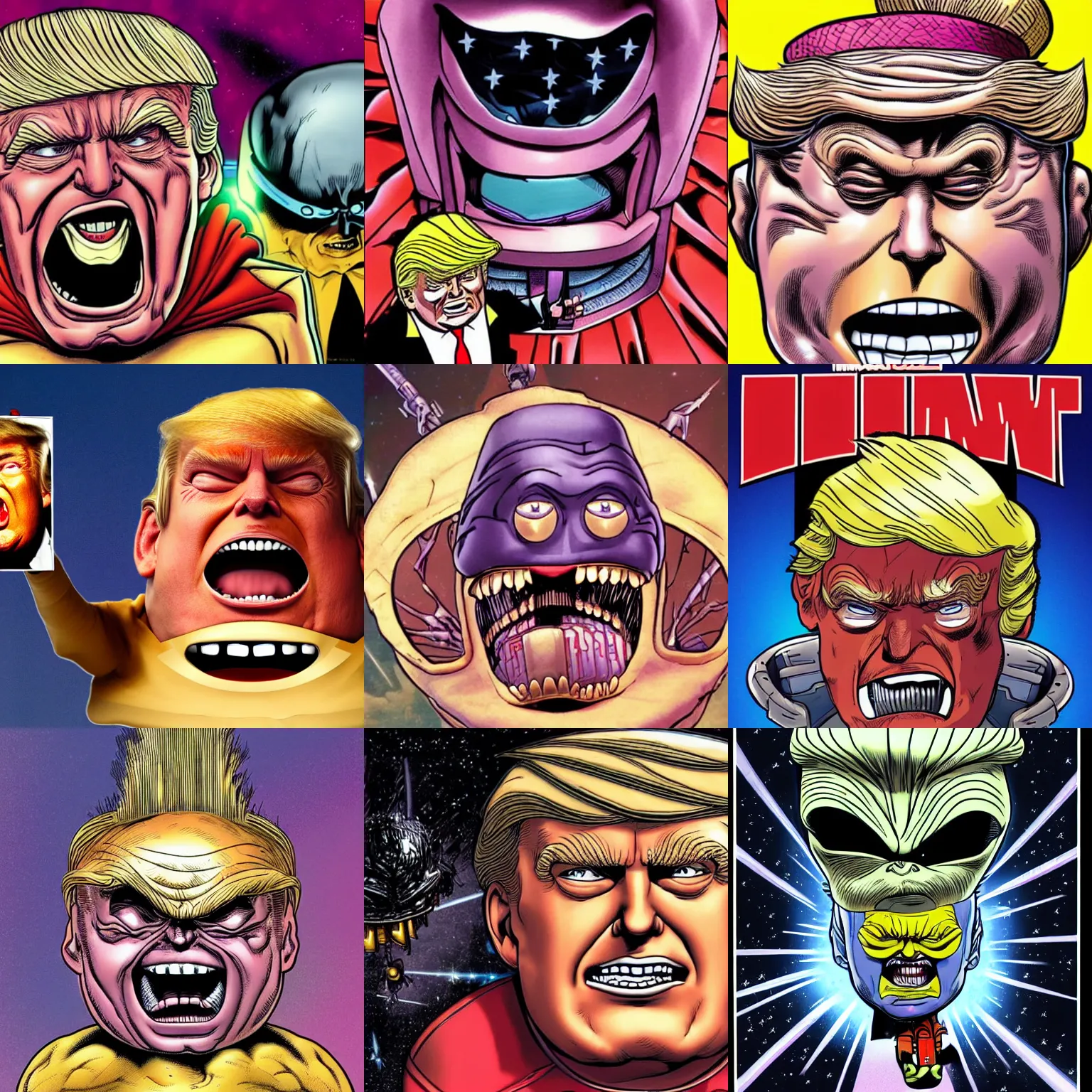 Prompt: donald trump's head as modok, the mental organism designed only for killing, little man in hovering throne, alien with huge head, marvel villain character