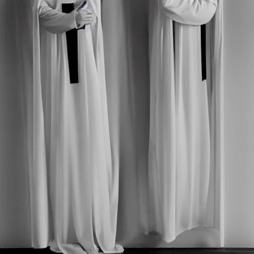 Image similar to nightmare vision, black and white, award winning photo, levitating twin nuns, wearing translucent sheet, Mary in a sanctuary, mirror hallways, eerie, frightening, holding hands, smiling —width 1024 —height 1024