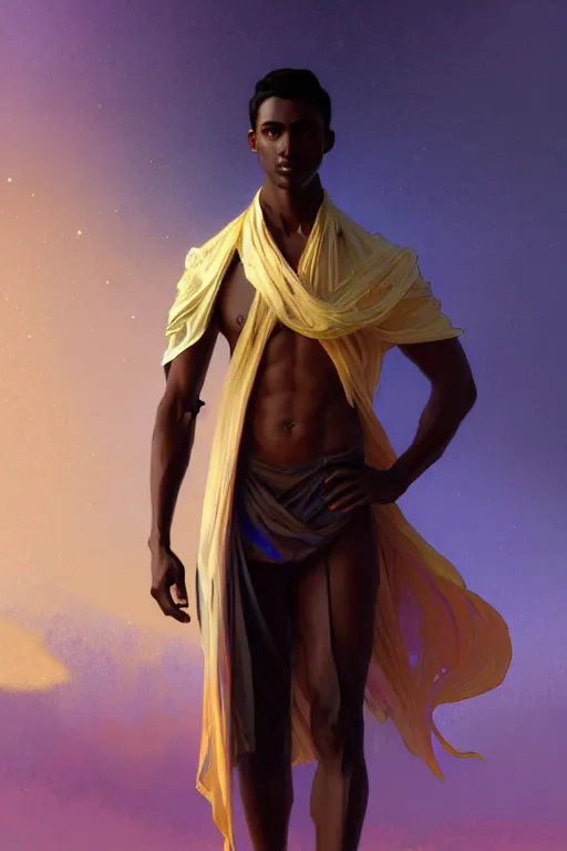 Prompt: full figure beautiful young fit dark skin man, dressed with multicolored fluent clothes, luminous scene, by greg rutkowski and alphonse mucha, d & d character, gradient white to gold, in front of a dune desert background, highly detailed portrait, digital painting, artstation, concept art, smooth, sharp focus illustration, artstation hq