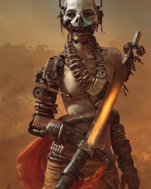 Image similar to hyper realistic photo of postapocalyptic indonesian death cult monk cyborg girl with indonesian demon mask, sword and shield, robot familiar, full body, cinematic, artstation, cgsociety, greg rutkowski, james gurney, mignola, craig mullins, brom