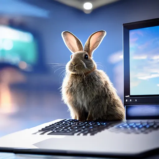 Image similar to A rabbit, playing on a computer, wearing a headset, big monitor, angry, realistic, HDR shot