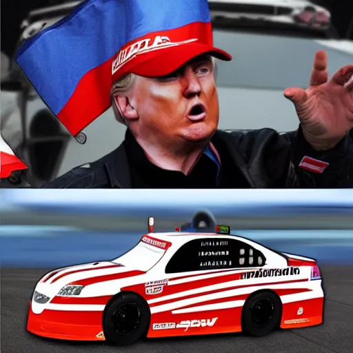 Prompt: russian Donald Trump as a Russia Nascar driver