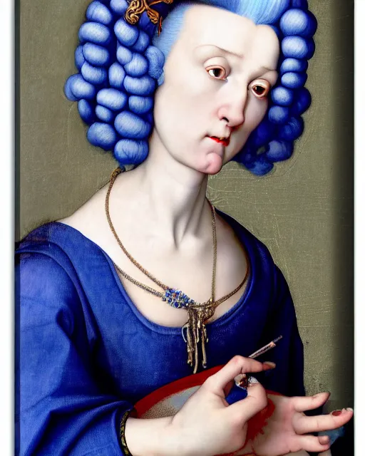 Image similar to photorealistic portrait of a woman with blue hair and big hair rollers, wearing a baggy pajamas, intricate details, highly detailed, in the style of rogier van der weyden and jacopo da pontormo, punk, masterpiece