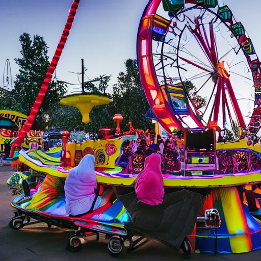 Image similar to death grips riding tilt - a - whirl at a carnival, mc ride, zach hill, andy morin, as ed binkley