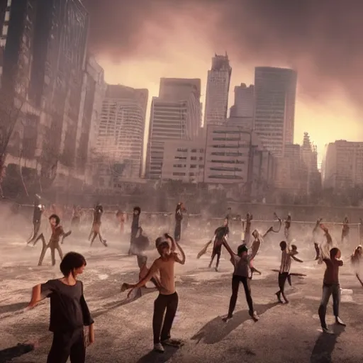 Image similar to realistic picture, post apocalyptic city on fire in the background, group of people practicing tai chi in the foreground