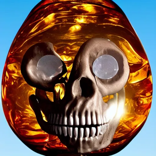 Prompt: a detailed alien skull encased inside amber sphere, photo realistic, hd,