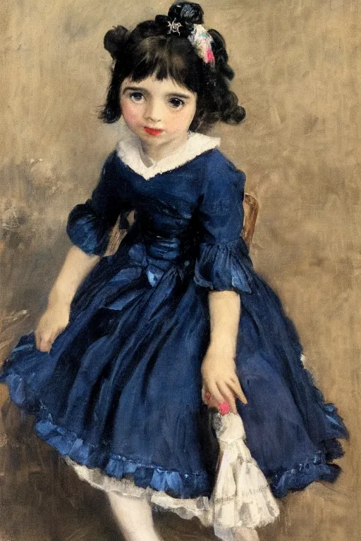 Prompt: a realistic portrait of black - haired little girl in a blue lolita dress with stars and petticoat sitting on the subway by eugene delacroix, detailed eyes, 4 k resolution