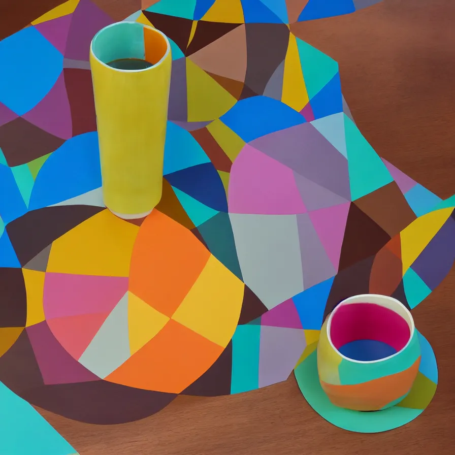 Prompt: beautiful ceramics studio photograph of a tall colorful geometric symmetrical fancy ceramic sculpture of a cup, glazed by paul klee and victor vasarely, placed on a polished wooden table, hyperrealism 8 k trending on artstation