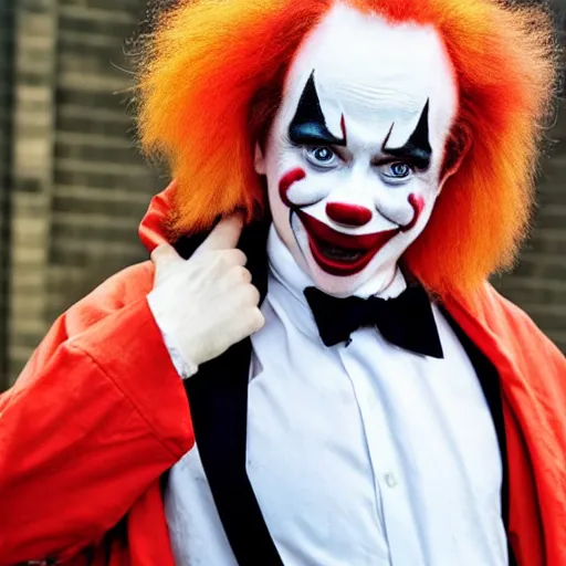 Image similar to UHD candid color photo of Craig Wright in a straight jacket, wearing accurate clown makeup, accurate faces, UHD, photorealistic, correct face, photo by Annie Leibowitz