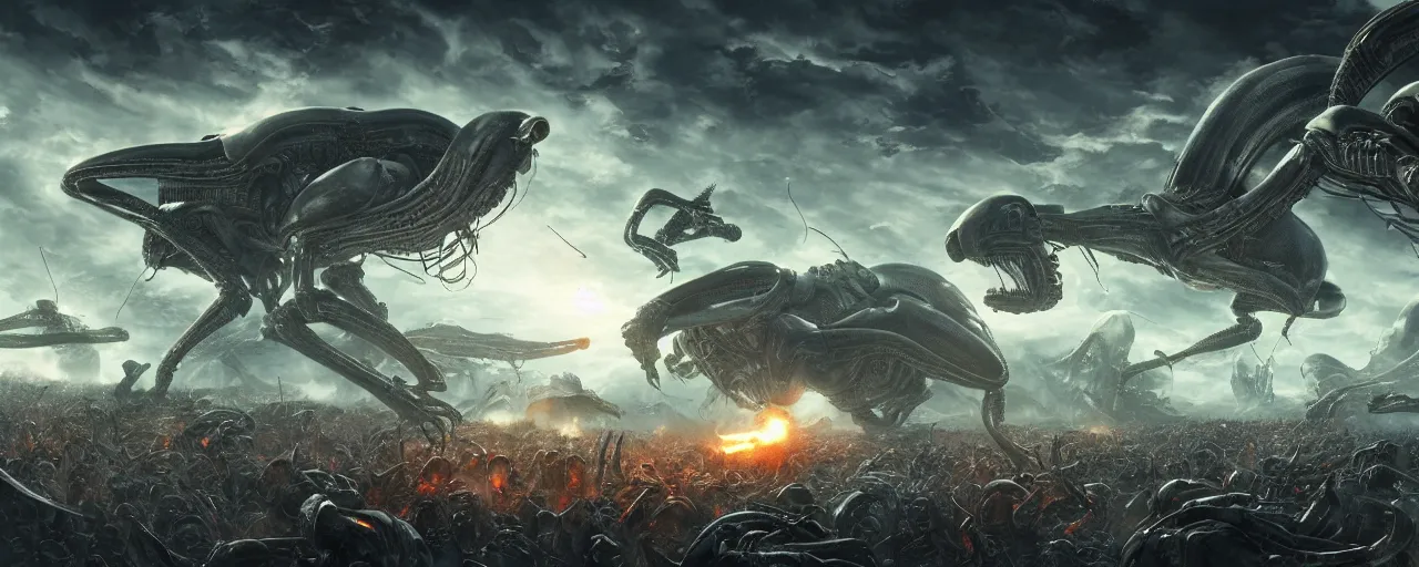 Image similar to epic battle between aliens and humans, alien invasion, large scale, breathtaking, mixed media, digital art, trending on artstation, 8k, epic composition, highly detailed, AAA graphics