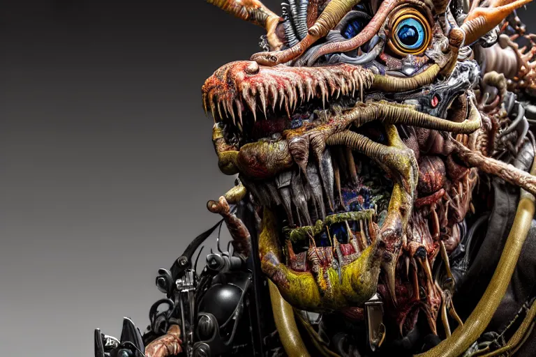 Prompt: wide angle photo taken of an epic intricate, ultra detailed, super realistic gritty, hero prop, exquisitely painted animatronic movie prop of a lifelike sculpture of a nightmarish creature displayed in the workshop, created by weta workshop, full body shot, photorealistic, sharp focus