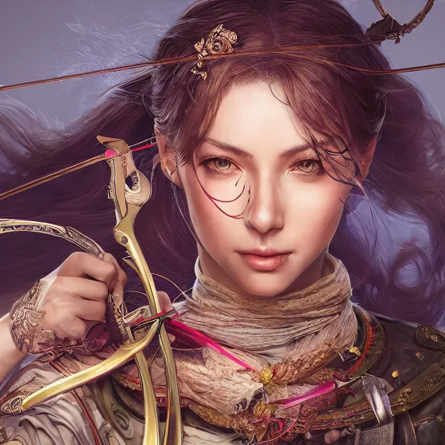 Image similar to the portrait of lawful neutral semi - colorful female archer huntress as absurdly beautiful, gorgeous, elegant, young woman, an ultrafine hyperdetailed illustration by kim jung gi, irakli nadar, intricate linework, bright colors, octopath traveler, final fantasy, unreal engine 5 highly rendered, global illumination, radiant light, detailed and intricate environment