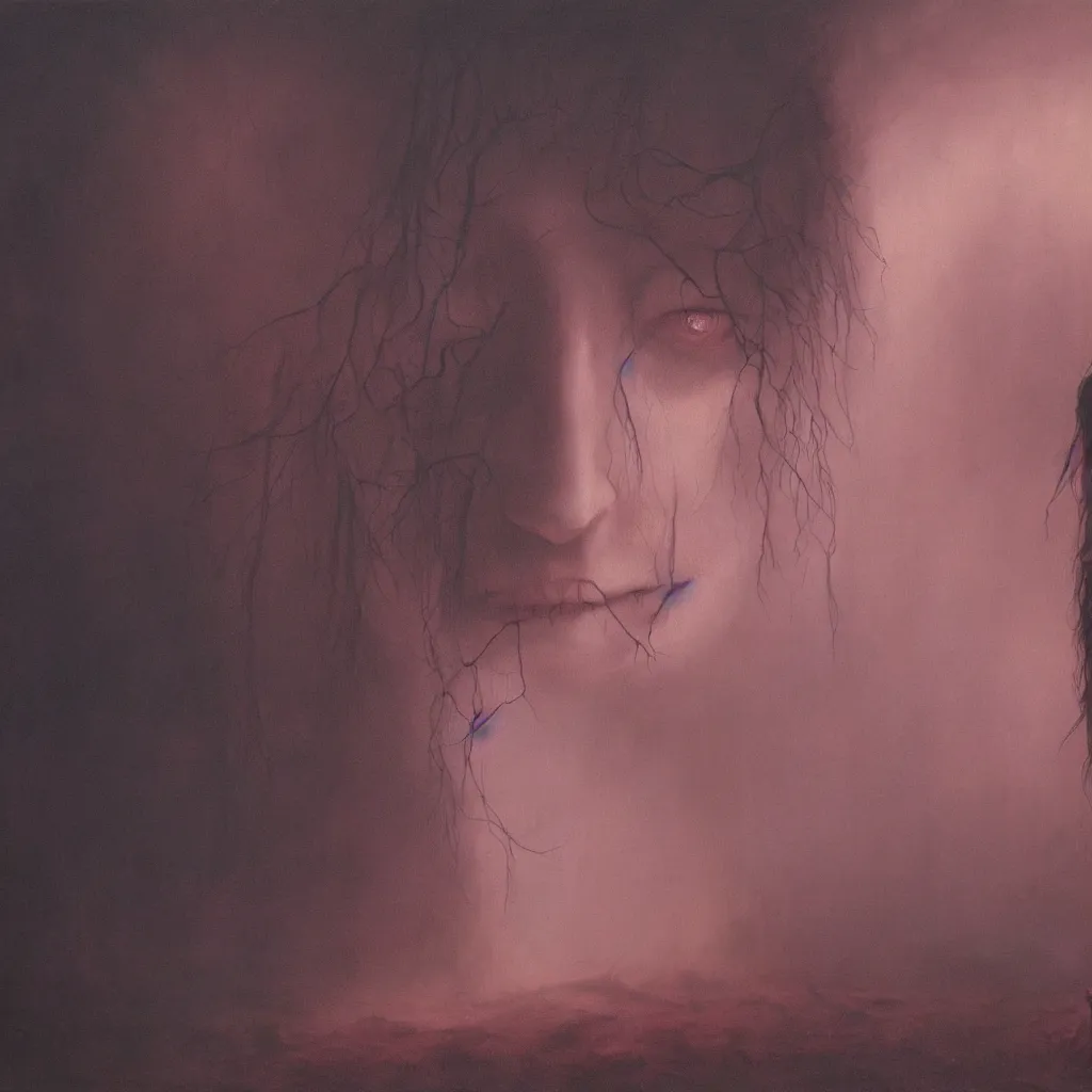 Image similar to portrait of young winona ryder in hell dimension by Zdzisław Beksiński, hyperdetailed, cinematic lighting, intricate details, 4k detail post processing, hyperealistic