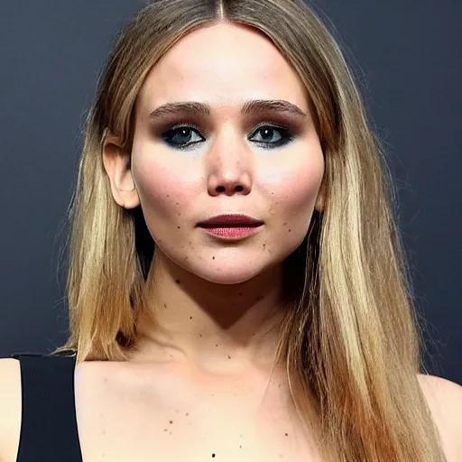 Image similar to a woman who is a genetic combination of jennifer lawrence and elizabeth olsen face and upper - body focus