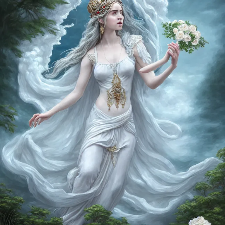 Image similar to meredit frampton style : the goddess of the lake with a large magnificent vaporous wrapped hight decorated, detailed, white roses organze cotton dress, highly detailed, d & d, water everwhere fantasy, highly detailed, digital painting, trending on artstation, concept art, sharp focus, global illumination, ray tracing, illustration, art by artgerm, fine art