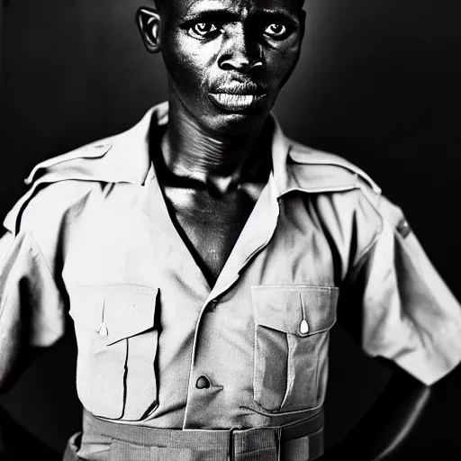 Image similar to black and white photo, portrait of rwandan soldier by richard avedon, realistic, Leica, medium format, cinematic lighting, parallax, high resolution,