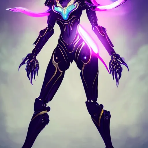 Image similar to highly detailed exquisite fanart, of a beautiful female warframe, but as a stunning anthropomorphic robot female dragon, standing elegantly with hand on hip, shining reflective off-white plated armor, slick elegant design, bright Fuchsia skin, sharp claws, full body shot, epic cinematic shot, realistic, professional digital art, high end digital art, DeviantArt, artstation, Furaffinity, 8k HD render, epic lighting, depth of field