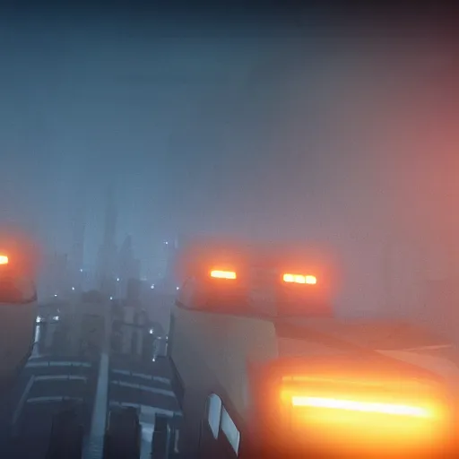 Image similar to sky shot of a blade runner 2 0 4 9 city covered with fog, highly detailed, photorealistic portrait, bright studio setting, studio lighting, crisp quality and light reflections, unreal engine 5 quality render