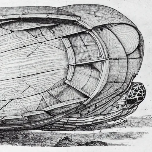 Image similar to a turtle airship, mechanical diagram, drawing from the notebooks of da vinci