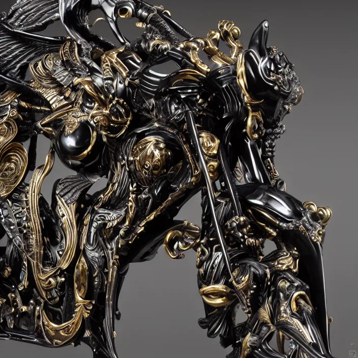 Prompt: fine art statue of masculine black egyptian god on a surrealist motorcycle, ebony art deco, carved black marble, inlaid with ebony and gold accents, ebony rococo, wings black lace wear, by spider zero, zaha hadid, beautifully lit, hyper detailed, intricate, elite, ornate, photorealistic, micro details, ray trace