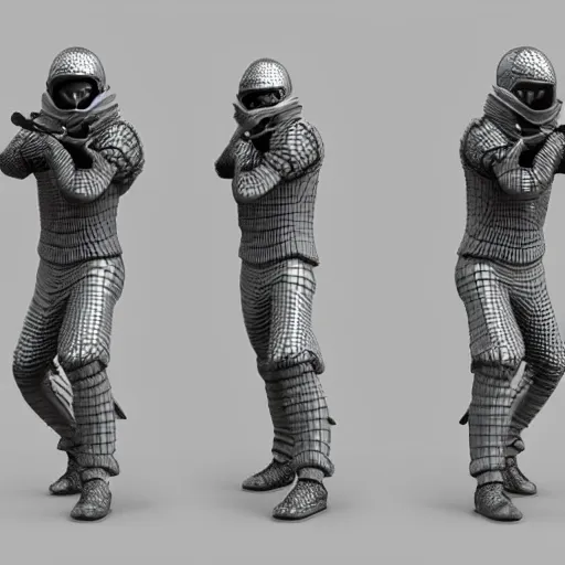 Image similar to focused 3 d rendering of marble and chrome statue of ninja wearing full face mask and hunter hat, no pose, combat suit, technological, octane render