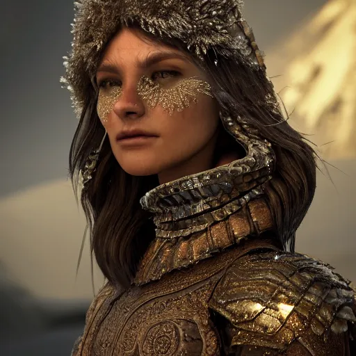 Image similar to a regal brown woman wearing an intricate and detailed armor made of ice. ice caves. glaciers. dramatic shadows. reflections. volumetric lighting. textures. delicate. translucent. studio portrait. photorealistic. octane render