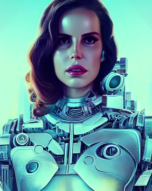 Image similar to portrait of lana del rey as a cyborg. intricate abstract. intricate artwork. by tooth wu, wlop, beeple, dan mumford. octane render, trending on artstation, greg rutkowski very coherent symmetrical artwork. cinematic, hyper realism, high detail, octane render, 8 k, iridescent accents