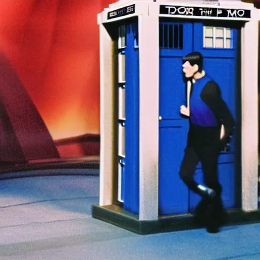 Image similar to color photo of mr spock exiting the tardis