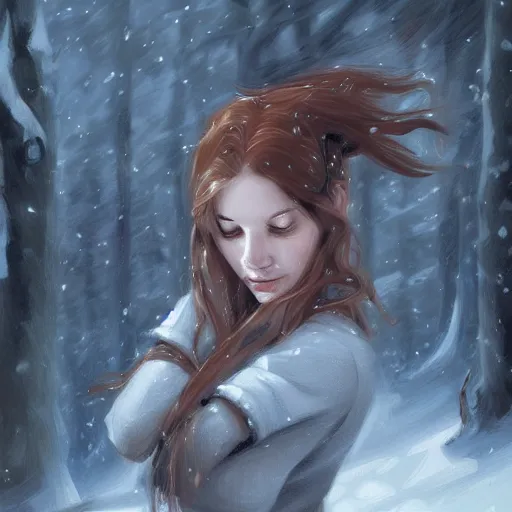 Prompt: a painting of a woman in a snowy forest, a digital painting by Charlie Bowater, featured on cgsociety, fantasy art, detailed painting, artstation hd, ilya kuvshinov