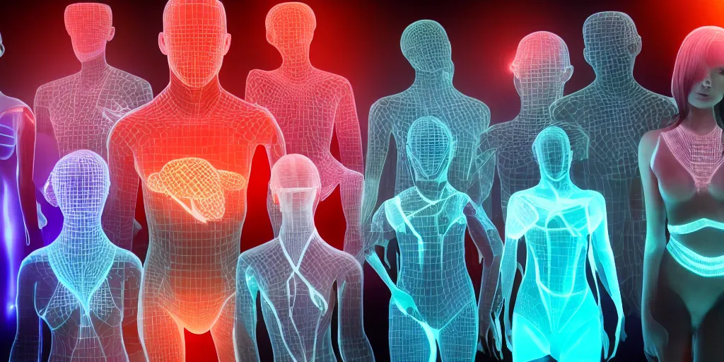 Image similar to diverse groups of humans with glowing electronic body implants projecting amazing 3D graphics, from behind, rebirth, beauty, wide angle, elaborate, wet, highly detailed, colors, beautiful lighting