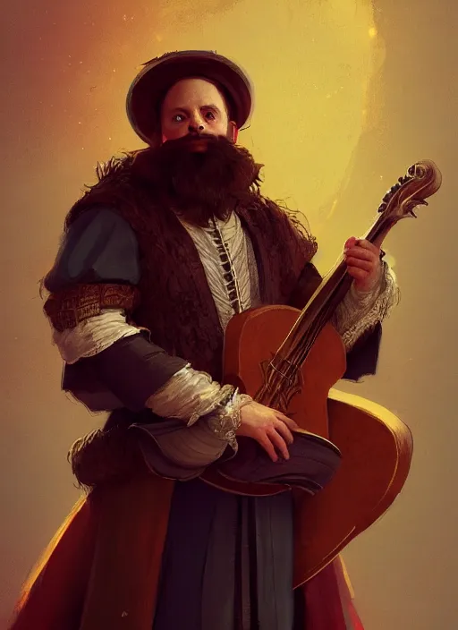 Image similar to illustration of michael j fox as a bard dressed in renaissance clothing with a big beard, by greg rutkowski artstation