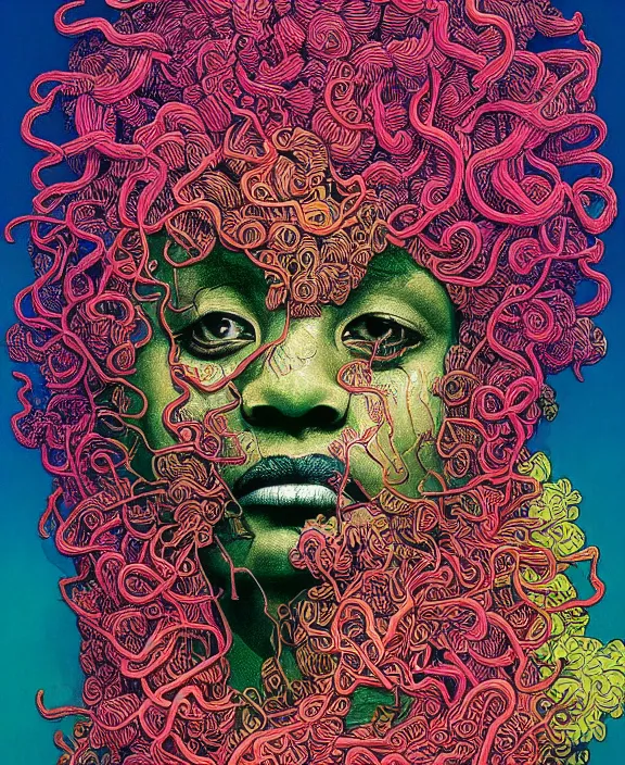 Image similar to afro medusa, exotic vegetation, tristan eaton, victo ngai, triadic color scheme, edward hopper, beksinski, nicola samori, hyperrealism, intricate detailed, risograph