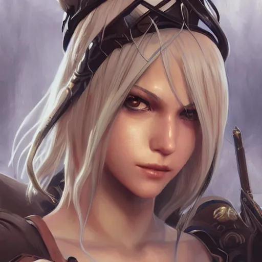 Prompt: closeup portrait of A2 from NieR Automata, D&D, fantasy, intricate, elegant, highly detailed, digital painting, artstation, concept art, matte, sharp focus, illustration, hearthstone, art by Artgerm and Greg Rutkowski and Alphonse Mucha