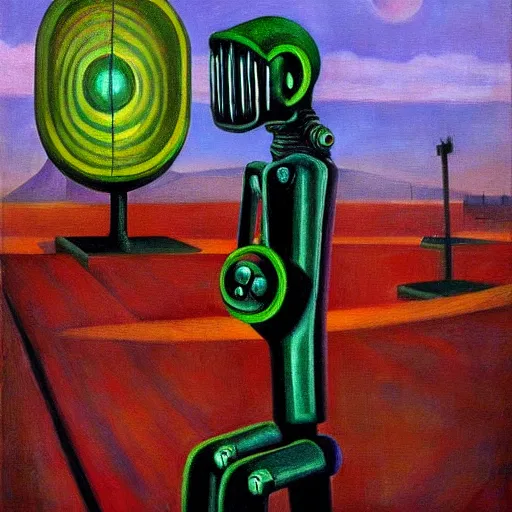 Image similar to alien robot shaman, dystopian, pj crook, edward hopper, oil on canvas