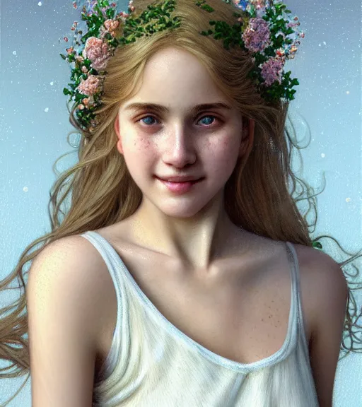 Image similar to portrait of teenage aphrodite, light freckles, dirty blonde hair, smiling kindly, wearing an embroidered white linen dress, lace neckline, intricate, elegant, mother of pearl jewelry, glowing lights, highly detailed, digital painting, artstation, concept art, smooth, sharp focus, illustration, art by wlop, mucha, artgerm, and greg rutkowski