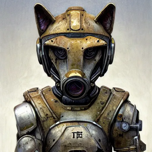 Image similar to t - 5 1 power armor, realistic anthropomorphic shiba inu, fantasy, t - 5 1 power armor glowing electric aura, by donato giancola and greg rutkowski and wayne barlow and zdzisław beksinski, realistic face, visible face, digital art, artstation, symmetry