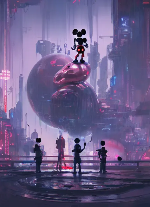 Prompt: a group of people standing around a mickey mouse, cyberpunk art by eddie mendoza, cgsociety, sots art, dystopian art, reimagined by industrial light and magic, concept art