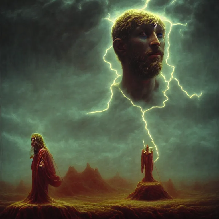 Image similar to asgardian god of thunder, covered with lightning by beksinski, psychedelic trippy visionary art, soft bloom lucid dream - like atmosphere, baroque painting, perfect composition, detailed octane render trending on artstation, 8 k artistic photography, volumetric cinematic perfect light, chiaroscuro, masterpiece, raphael, caravaggio, beksinski, rutkowski, beeple