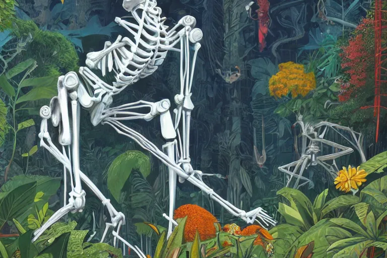 Prompt: 2 d gouache illustration, a lot of exotic vegetation, trees, tremendous skeletal robotic ancient gigantic cat, flowers, oldschool vintage sci - fi flat surreal design, super - detailed, painting by satoshi kon, hd, 4 k, high quality