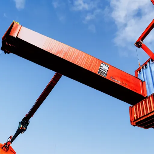 Prompt: high quality, digital photography of a crane lifting a container, shot from the ground, looking up, close shot, clear sky