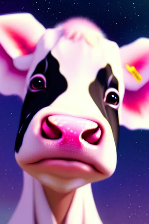 Image similar to very cute baby cow thinks about the cosmic multiverse, close up, high detailed face, by ilya kuvshinov, greg rutkowski and makoto shinkai, trending on artstation