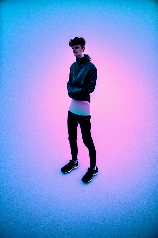 Image similar to high quality pastel coloured film mid angle selfie photograph of a beautiful young 2 0 year old male, soft features, black hair, wearing reflective padded clothing standing in an icelandic black rock environment. atmospheric. three point light. photographic. art directed. ( pastel colours ). volumetric light. sheen. waves glitch. 8 k. filmic.