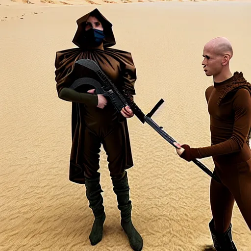 Prompt: Cinematic knife combat between bald_hairless_Austin_Butler-dressed-in-black and Timothee_Chalamet_dressed-in-brown-felt, on a mosaic marble floor dais, film still from Dune 2020, intricately detailed
